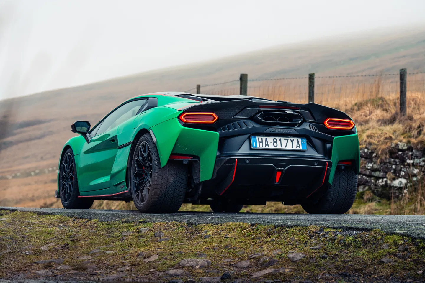 Lamborghini Temerario: Hybrid Power Meets Supercar Drama 4 Green supercar on a misty road