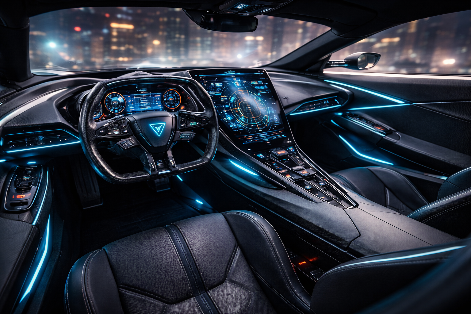 The captivating blue lights of our sports car interior