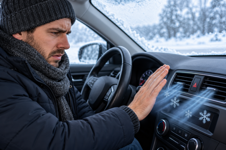 Car heater blowing cold air through dashboard vents during winter